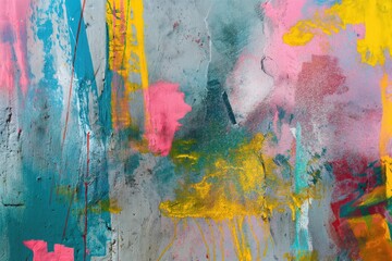 Messy paint strokes and smudges on an old painted wall. Pink, purple, yellow, blue color drips, flows, streaks of paint and paint sprays