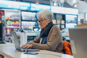Portrait of a Pensioner Female Customer Seeking Expert Advice from a Retail Home Electronics Specialist for Laptop Purchase. Senior Woman Explores Modern Computer Technology Options