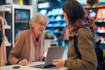Portrait of a Pensioner Female Customer Seeking Expert Advice from a Retail Home Electronics Specialist for Laptop Purchase. Senior Woman Explores Modern Computer Technology Options