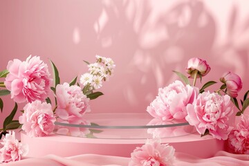 Round glass podium platform stand for beauty product presentation and beautiful peonies flowers around on pastel pink background. Front view