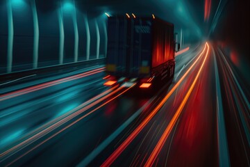 Fototapeta na wymiar Trucks on highway, street in night time. Motion blur, light trails. Transportation, logistic. Timelapse, hyperlapse of transportation. Abstract soft glowing lines