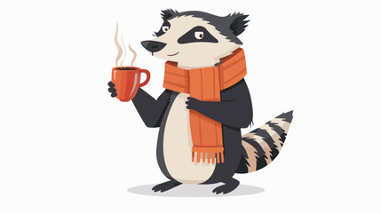 Cartoon badger wearing scarf holding hot coffee flat v