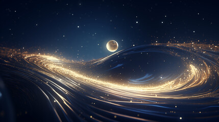 Paysage d'une plan&egrave;te, univers, lune sur fond bleu nuit, avec des &eacute;l&eacute;ments graphiques dor&eacute;s. Fond ciel &eacute;toil&eacute;. Nuit, magique. Pour conception et cr&eacute;ation graphique.