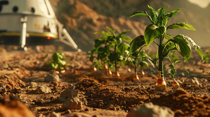 Crops and plantation on mars concept image.  Robot and AI doing planting on mars in the space.