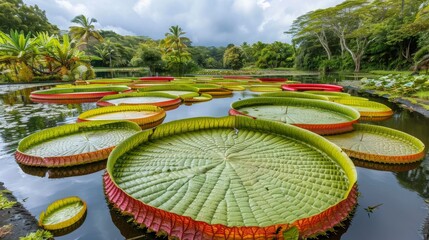 Huge Victoria Amazonica water lily leaves which can reach two meters in diameter floating on the pond in Sir Seewoosagur Ramgoolam Botanical Garden Pamplemousses Park Port Louis, Mauritius Island. - obrazy, fototapety, plakaty