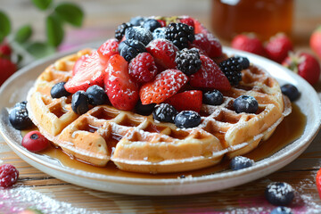 Capture the essence of a cozy morning with these waffles, a masterpiece of berries and shine, cafe menu