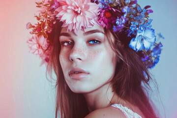A creative and artistic portrait of a young woman with a flower crown on her head