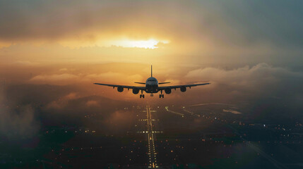 Passenger plane take off from runways against beautiful dusky sky. Airplane taking off from the...