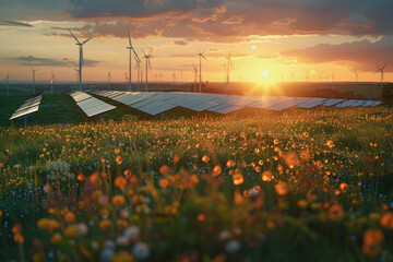 Solar farm at sunset with Windchargers in the background. Lush green grass.