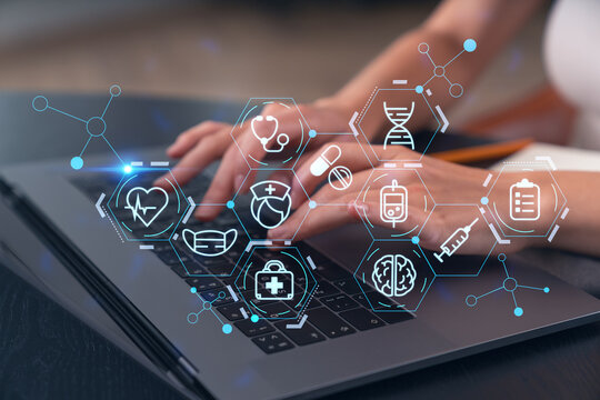 Woman typing on laptop at office workplace in background. Concept of working process, internet surfing, online business education. Student send e-mail. Close up view. Medical healthcare icons