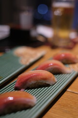 hamachi sushi at japan restaurant in Japan with soy sauce
