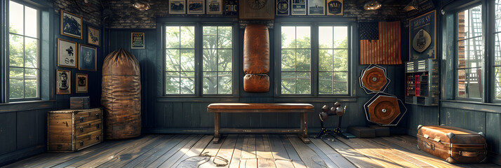 Old Vintage Gym Room with Old Vintage Boxing Leather,
The interior of a house with a large window