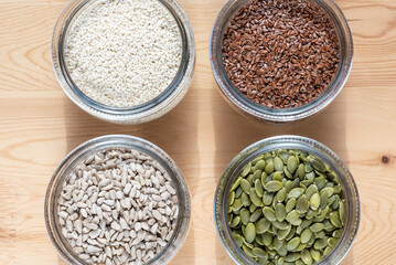 Seed cycling for hormone balance, to balance pre and post menopausal hormones. Flax, pumpkin, sesame and sunflower seeds. Balancing hormones - estrogen and progesterone. Woman health, fertility