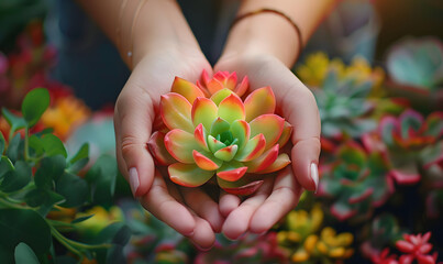 Hands delicately hold a colorful succulent plant,  Generative AI  - Powered by Adobe