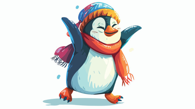 Cartoon dabbing penguin with hat and scarf flat vector