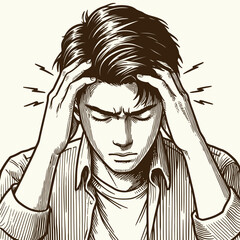 A man who has a headache and holds his head. Hand drawn style vector design illustrations