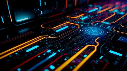 Fototapeta premium Futuristic circuit board with vibrant neon lights, representing technology, innovation, data, connectivity, and digital transformation