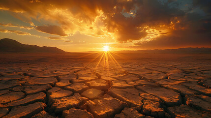 Sunset Over Dry Cracked Desert Landscape Exemplifying Climate Change - obrazy, fototapety, plakaty