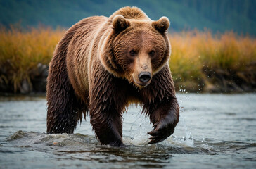 Wild Encounter Grizzly Bear Fishing in River