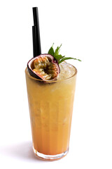 Passion fruit cocktail isolated on a white background with copy space.