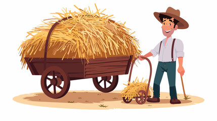 Cartoon farmer with hay cart flat vector isolated on w