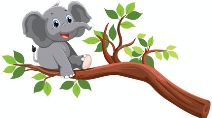 Cartoon funny elephant playing on a tree branch flat