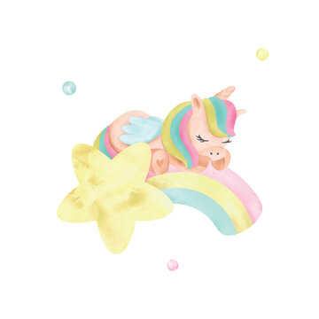 Cute unicorn sleeping on a rainbow, watercolor. Hand drawn vector illustration in pastel colors for cards, invitations, websites, album covers. Set of elements for fantasy unicorns.