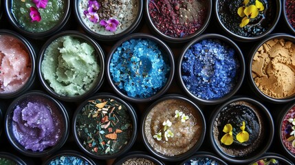  An array of exfoliating scrubs, each infused with organic ingredients and vibrant botanicals
