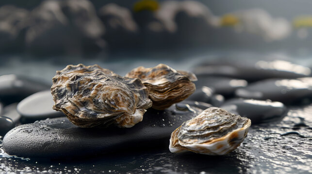 A serene presentation of oysters resting on smooth black pebbles