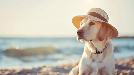 Yellow dog sitting on the beach wearing hat on sunny day, Hot summer holidays with pet.