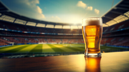 Chilled Beer Glass on Wooden Surface at Stadium - obrazy, fototapety, plakaty