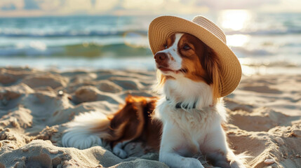 Dog sitting on the beach wearing hat on sunny day, Hot summer holidays with pet.