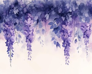 Beautiful Purple Flowers Hanging from Tree Branches Watercolor Painting on White Background