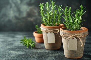 Terracotta pots of fresh rosemary with blank tags, concept of organic home herb garden