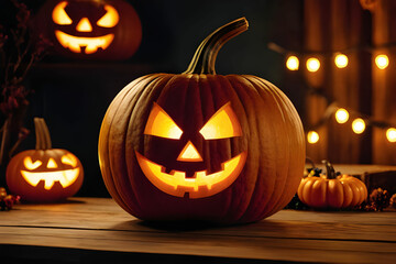 Fototapeta premium Big pumpkin with carved funny glowing face standing on background of Halloween decor. Close up of jack-o-lantern standing on right side on wooden table. Halloween holiday concept. Blurred background