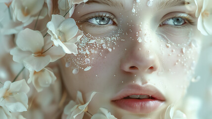 A close-up portrait of a girl surrounded by flower petals and rhinestones on her face. Close-up, bokeh in the background.