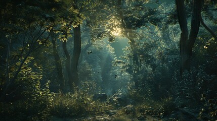  A magical forest scene illuminated by soft moonlight, evoking the mystical allure of natural beauty
 - obrazy, fototapety, plakaty