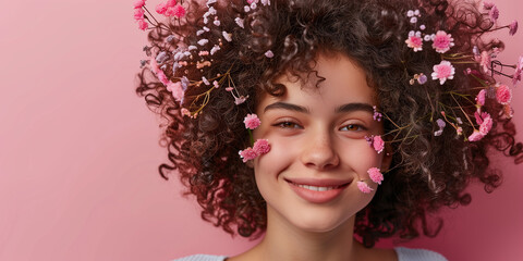 A banner with a curly-haired smiling young brunette, surrounded by flower petals and petals on her face, on a solid background. Petal decoration, close-up, copyspace, bokeh in the background. - obrazy, fototapety, plakaty