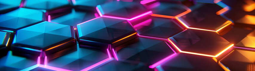 Hexagon background with colorful light effects, banner, created with generative AI technology  - obrazy, fototapety, plakaty