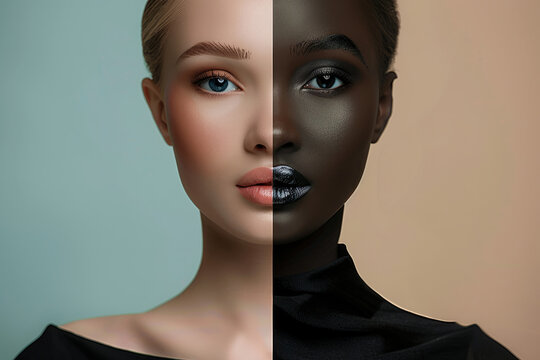 A woman's face is split into two halves, one side is black and the other side is white. fashion model blended symetrically, one half is white face, one half is black face - Powered by Adobe
