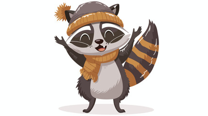 Cartoon raccoon dabbing with hat and scarf flat vector
