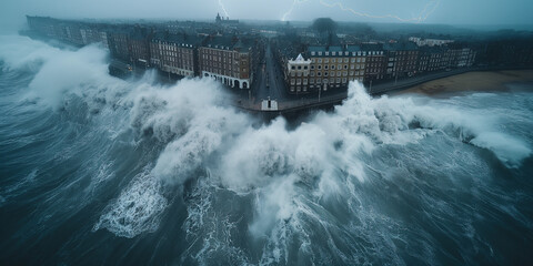 Ocean waves crashing against a town in Normandy.