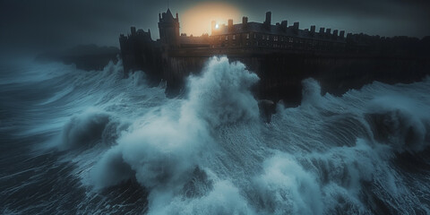 Ocean waves crashing against a town in Normandy.