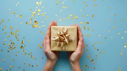 Woman hands holding elegant present gift box with golden ribbon over blue background with confetti. Christmas. Generative Ai