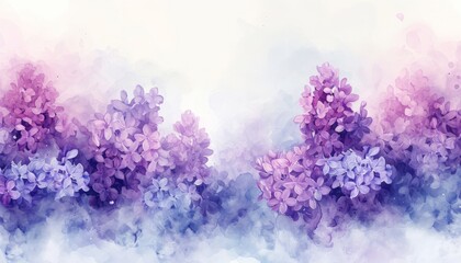 Beautiful watercolor painting of delicate purple lilac flowers on a clean white background with space for text