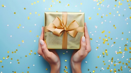 Woman hands holding elegant present gift box with golden ribbon over blue background with confetti. Christmas. Generative Ai