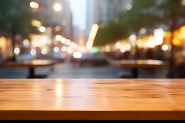 Foto op Plexiglas Wooden Table Top With Blurry City Lights © Shakeel