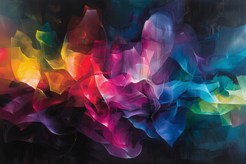 Abstract art against a dark background, where vibrant colors and dynamic shapes intertwine.