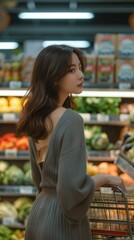 back full shot A beautiful, tall and glamorous Korean woman in her twenties, wearing a tight H-line gray dress and cardigan, looking back while pushing a shopping cart in the vegetable section