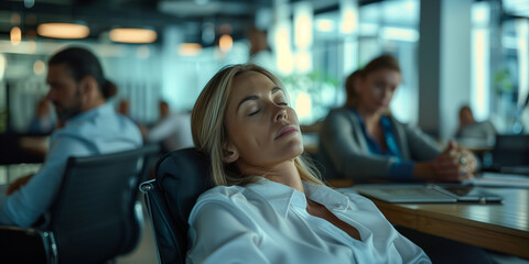 Geschäftsfrau schläft im Meeting - obrazy, fototapety, plakaty
